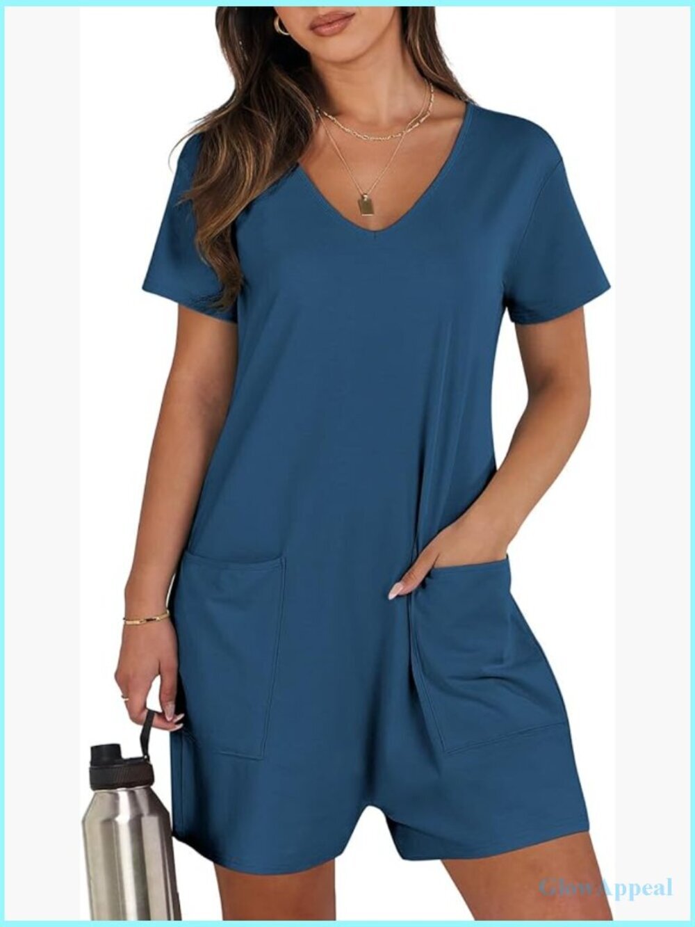 Women's Summer Romper Jumpsuit Short Sleeve V Neck Loose Fit Pockets